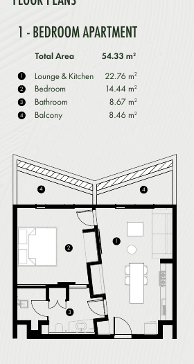 1-bedroom apartment floor plan from the Anga brochure