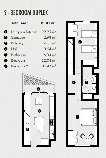 2-bedroom duplex floor plan from the Anga brochure