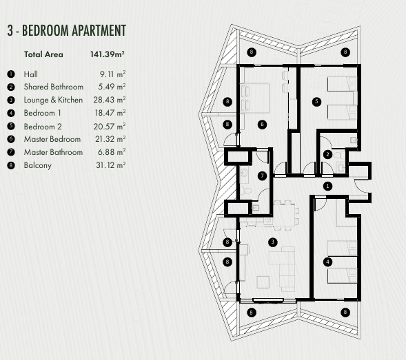 3-bedroom apartment floor plan from the Anga brochure