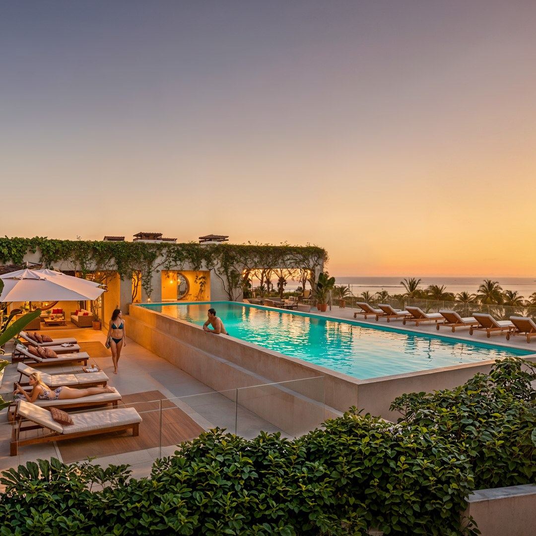 Anga rooftop pools at sunset, architectural visualisation