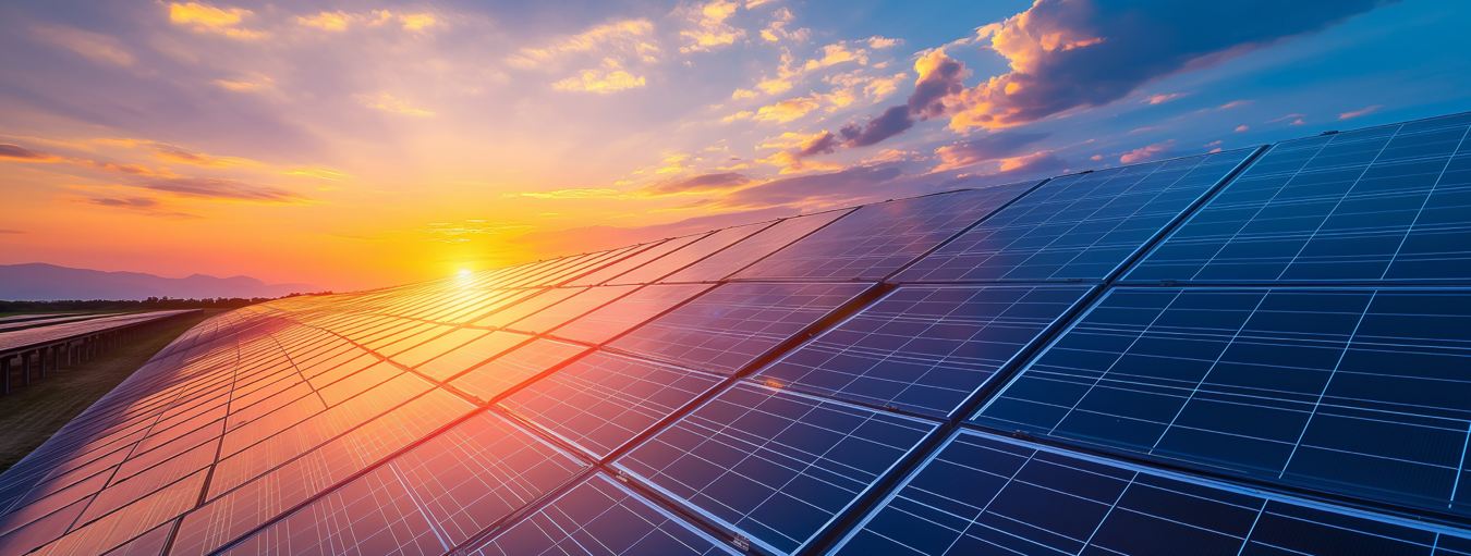 Illustrative solar panels at sunset